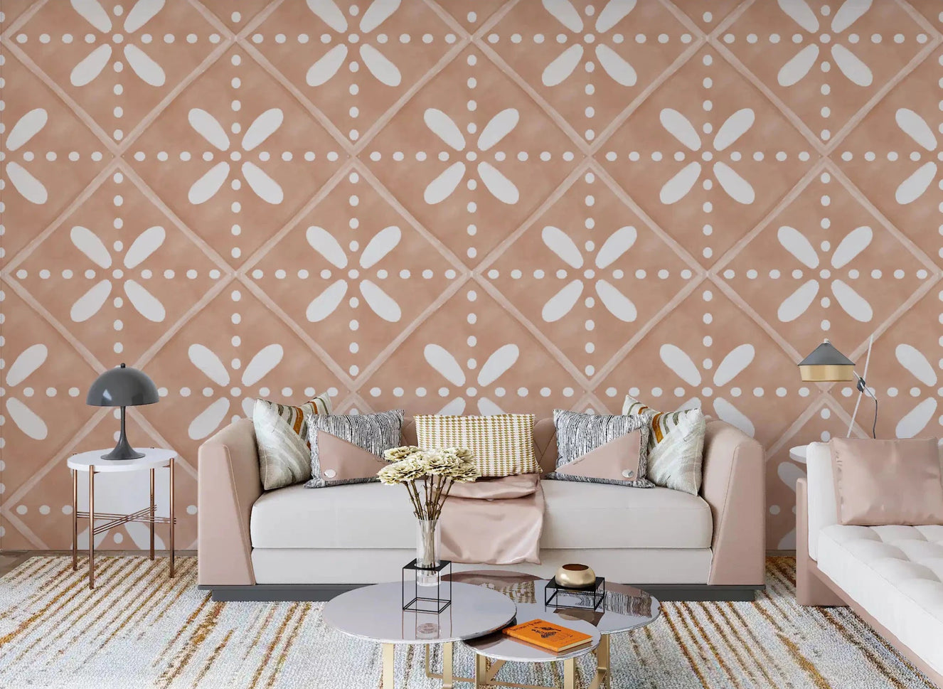 Mediterranean warmth into a living room with this cotto tile bloom wallpaper.GD9589