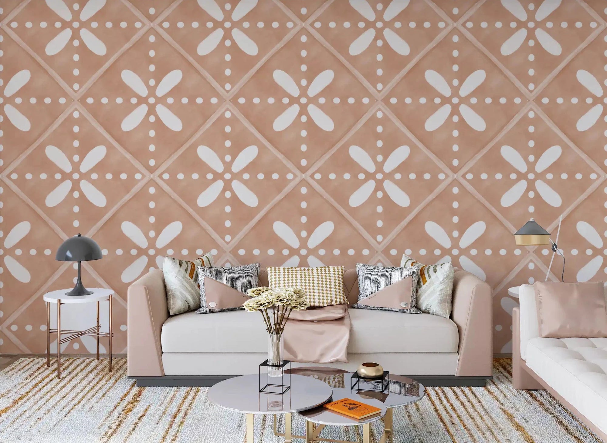 Mediterranean warmth into a living room with this cotto tile bloom wallpaper.GD9589