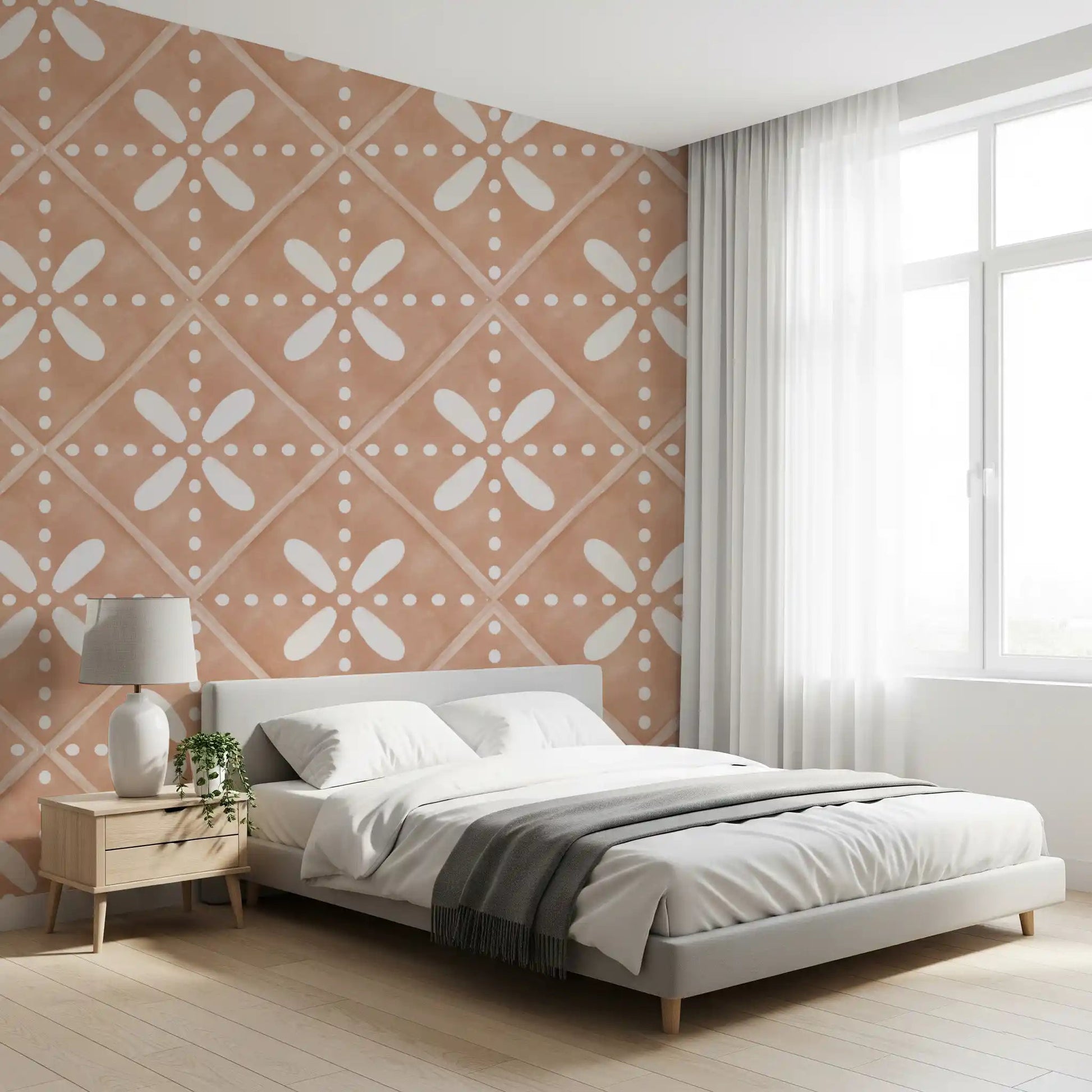 Diamond borders with petal motifs repeat across this Tuscan bloom cotto wallpaper.⁠GD9589