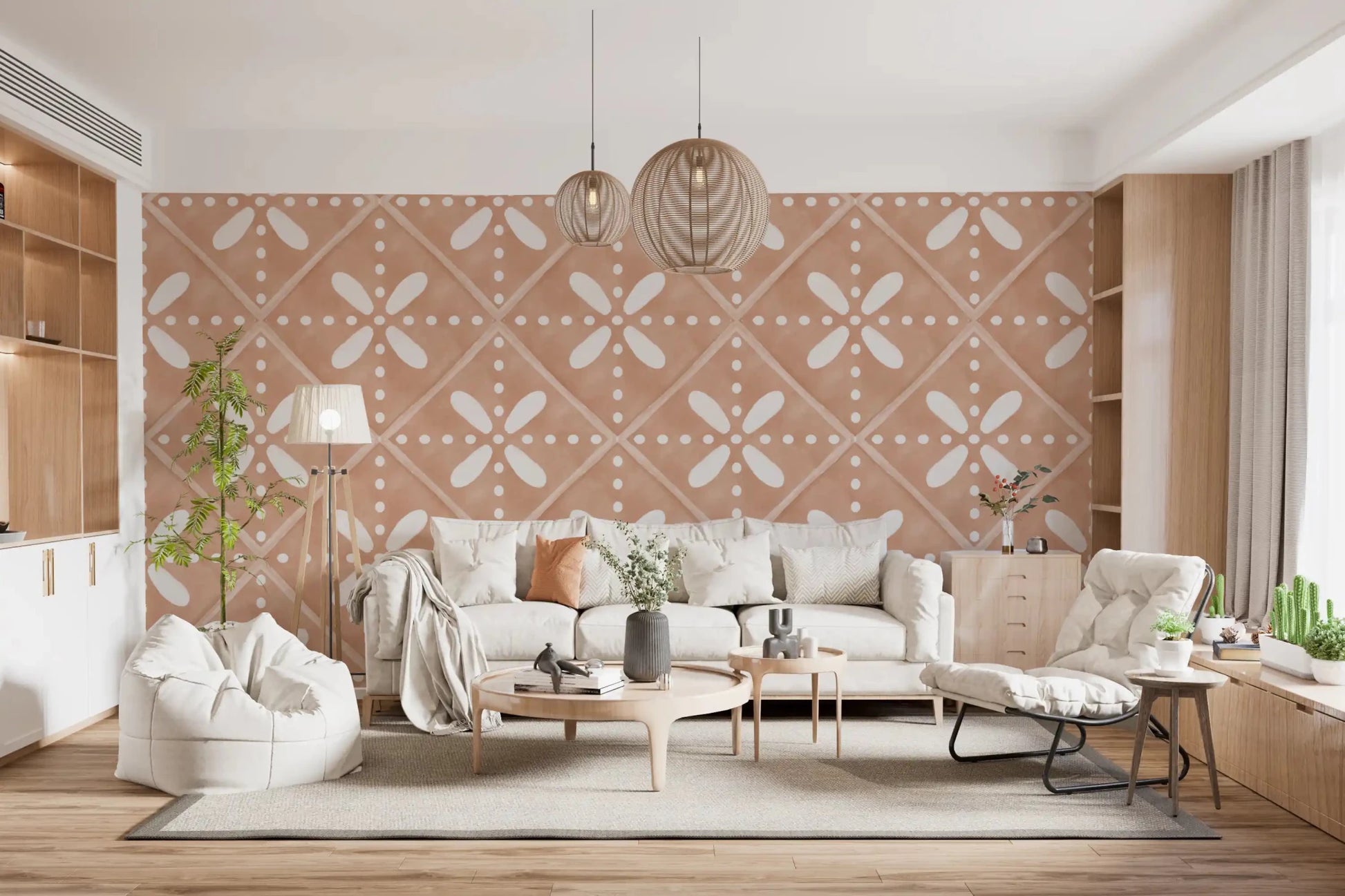 A modern living room gains Mediterranean warmth from this Tuscan tile bloom wallpaper.GD9589