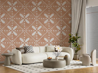 Warm terracotta pink fills the background of this Tuscan tile bloom wallpaper.⁠GD9589