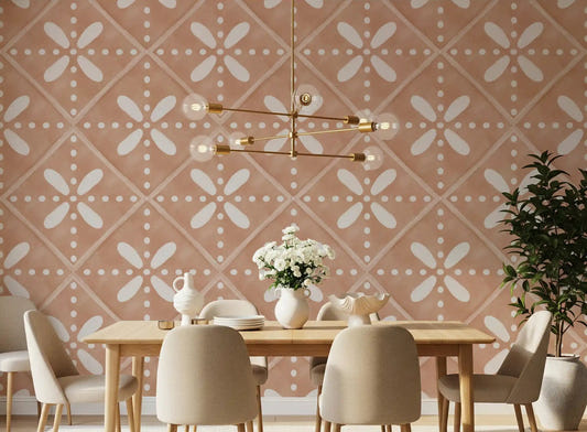 Symmetrical tiles wrap a dining room behind Tuscany Cotto Tiles wallpaper.⁠GD9575
