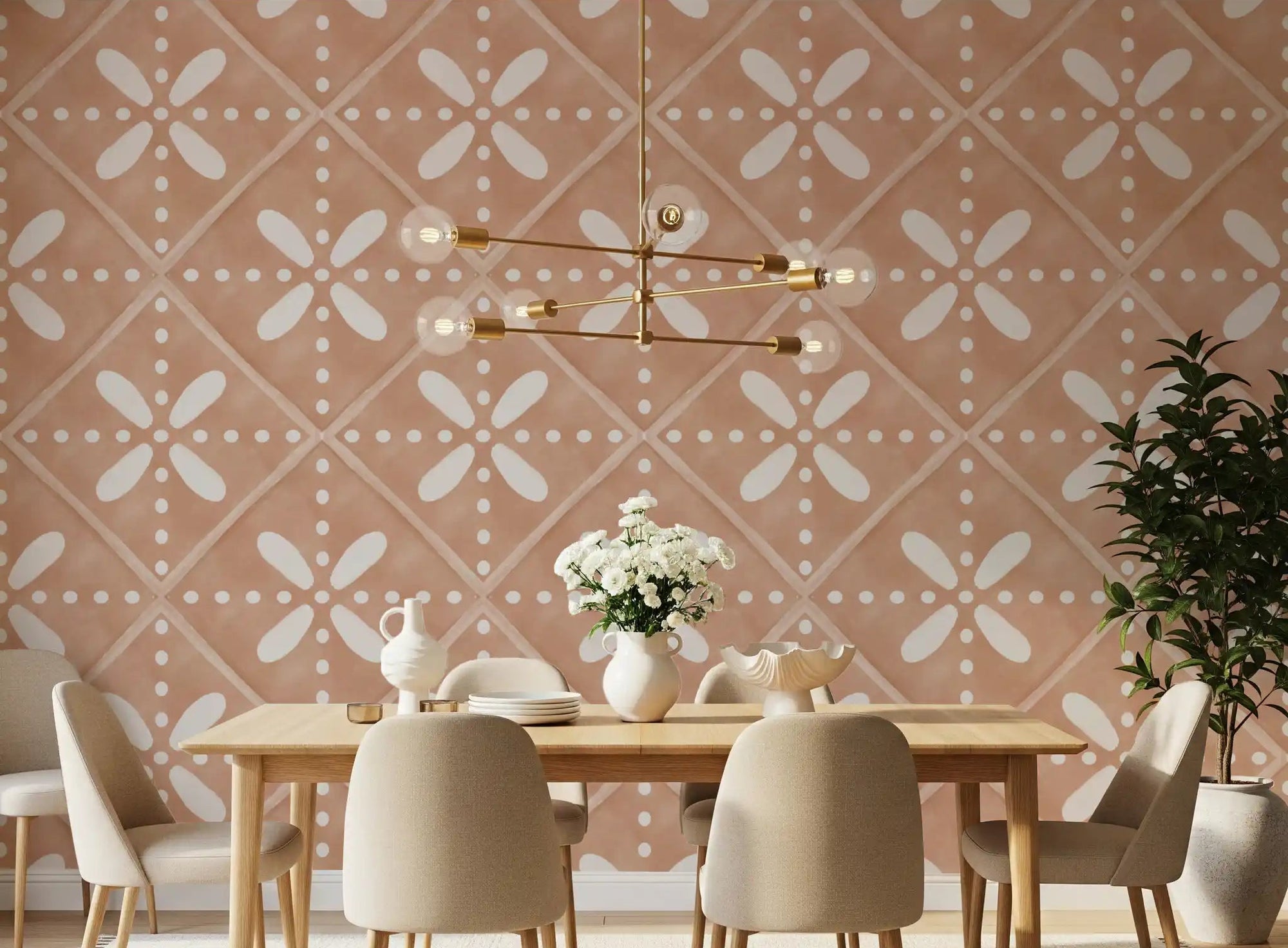 Symmetrical tiles wrap a dining room behind Tuscany Cotto Tiles wallpaper.⁠GD9575