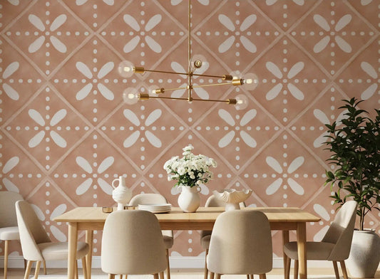Symmetrical tiles wrap a dining room behind Tuscany Cotto Tiles wallpaper.⁠GD9575