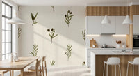Kitchen-dining backdrops gain farmhouse charm from Olive Branches wallpaper.⁠GD9574