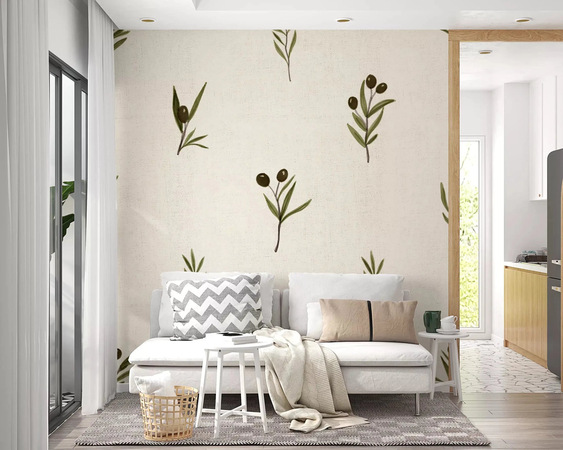 Living room corners feel airy with Olive Branches wallpaper across them.GD9574