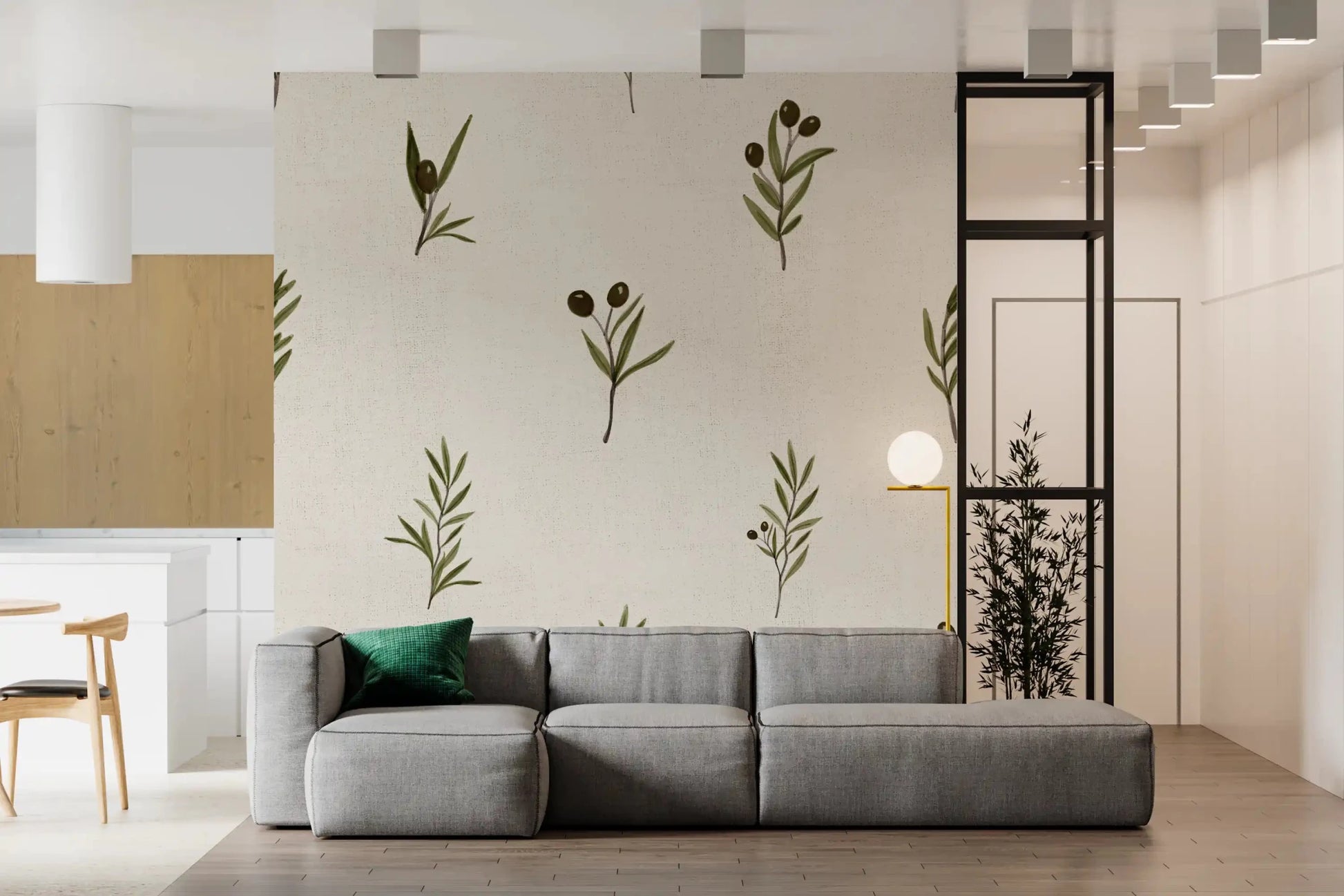 Slim olive twigs scatter softly across Tuscany Olive Branches wallpaper.GD9574