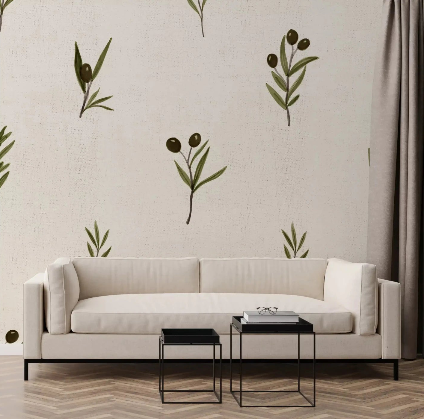 Olive sprigs scatter across a living room with Tuscany Olive Branches wallpaper.⁠GD9574
