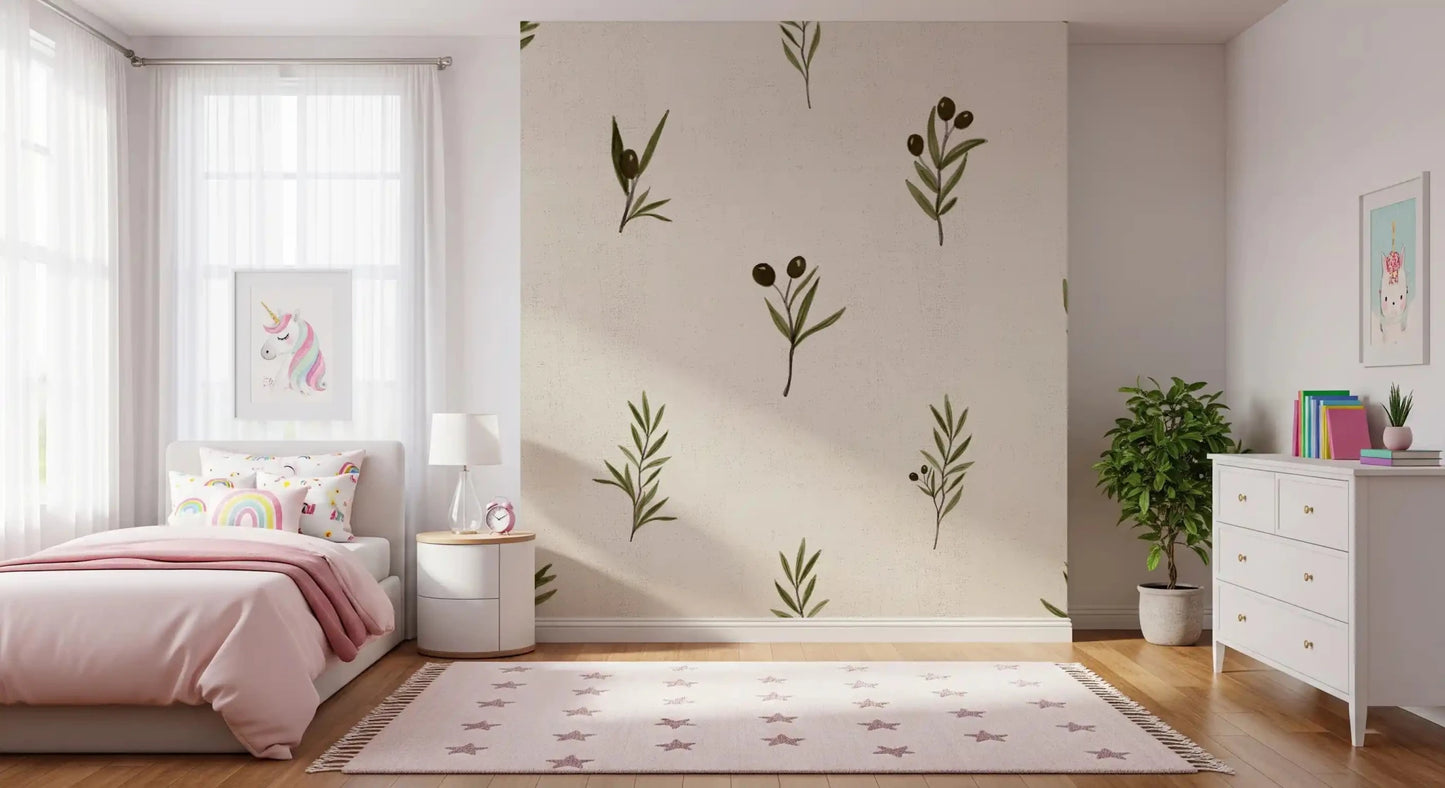 Kids Bedroom feel calm under Olive Branches On Canvas wallpaper in soft cream.GD9574