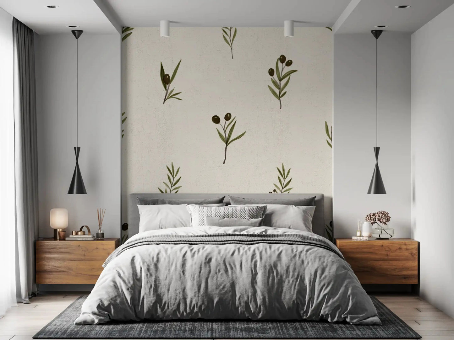 A Bedroom carries quiet warmth through Tuscany Olive Canvas wallpaper.⁠GD9574