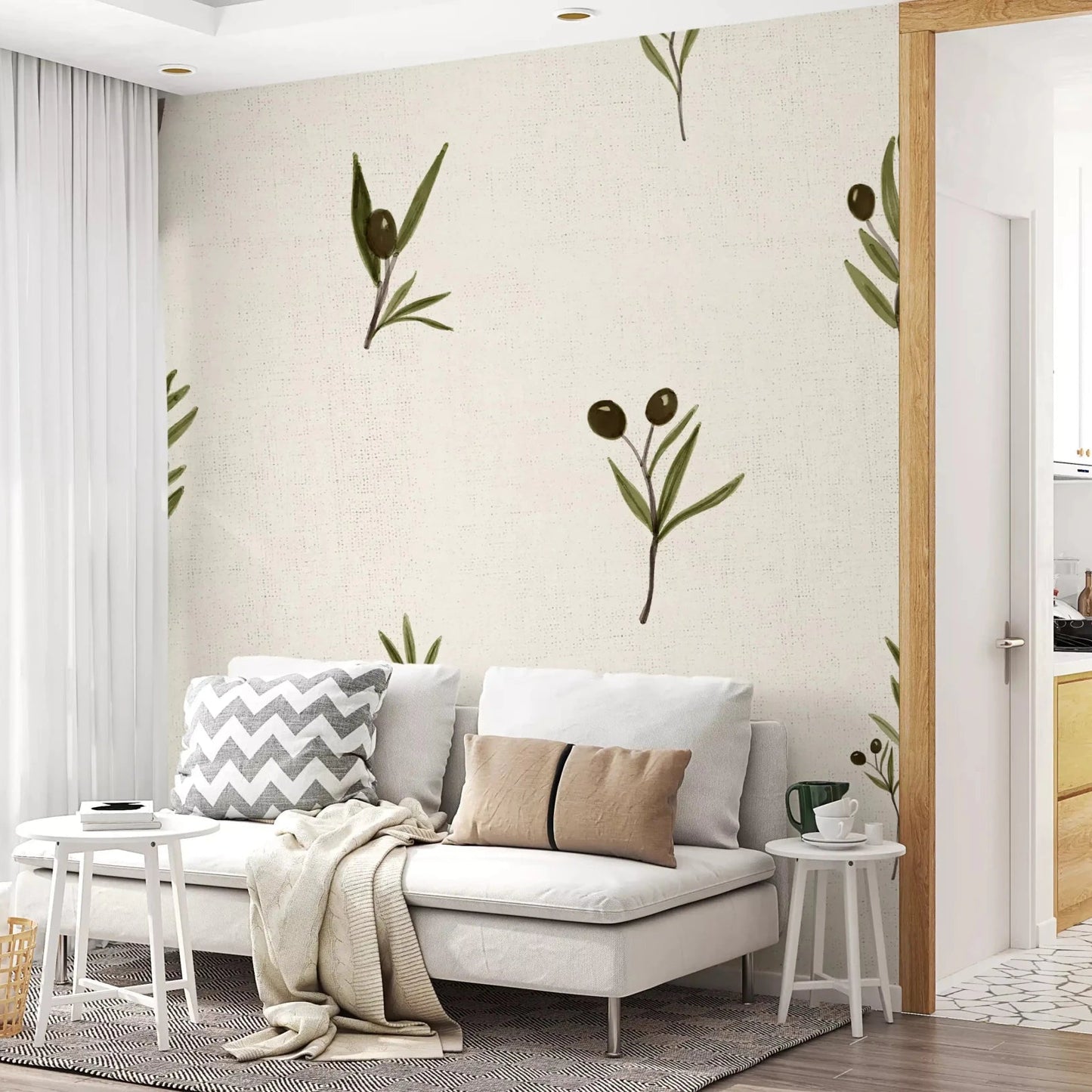 Thin green leaves edge each sprig in Olive Branches On Canvas wallpaper.⁠GD9574