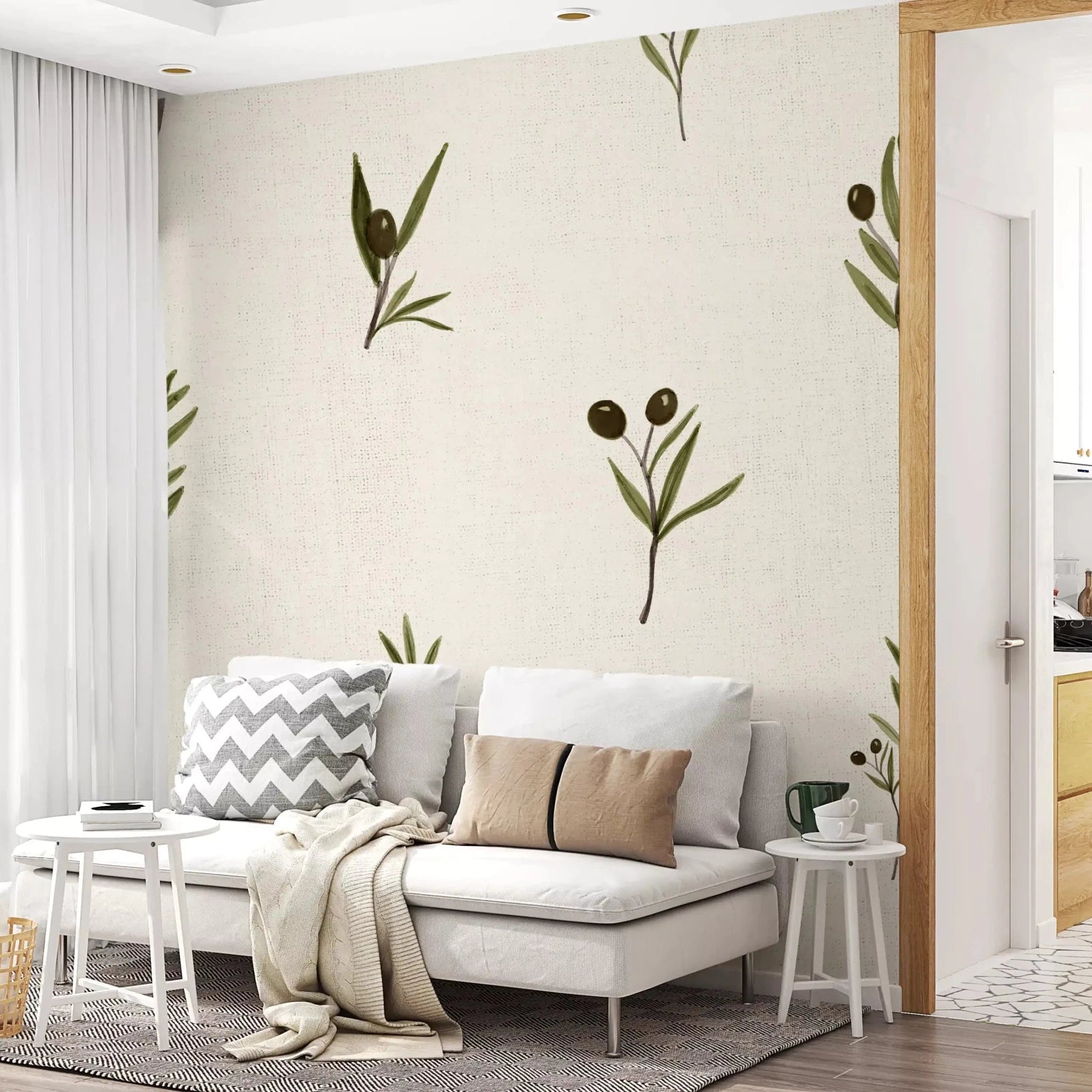 Thin green leaves edge each sprig in Olive Branches On Canvas wallpaper.⁠GD9574