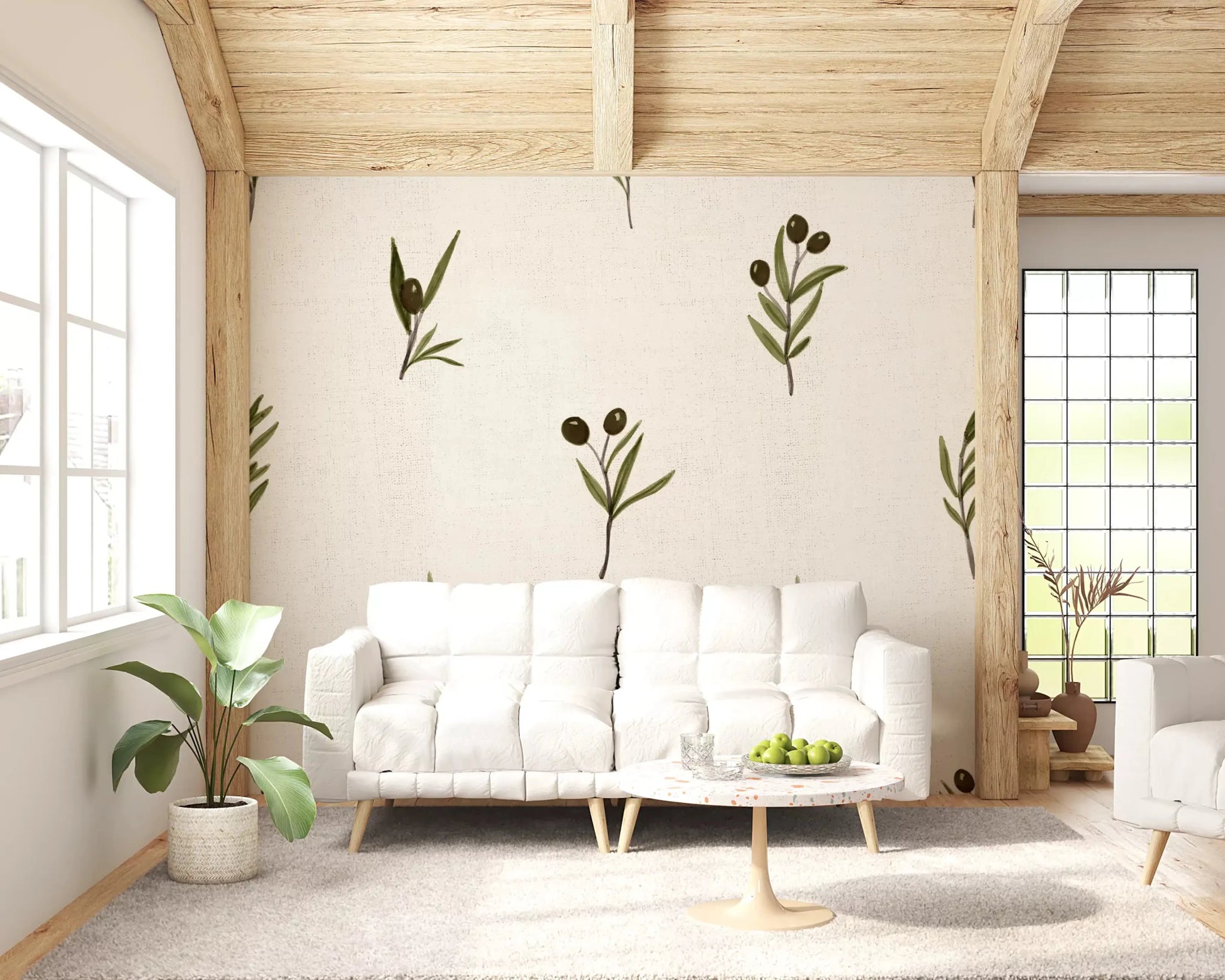 Open lounge spaces breathe softly through Tuscany Olive wallpaper.GD9574