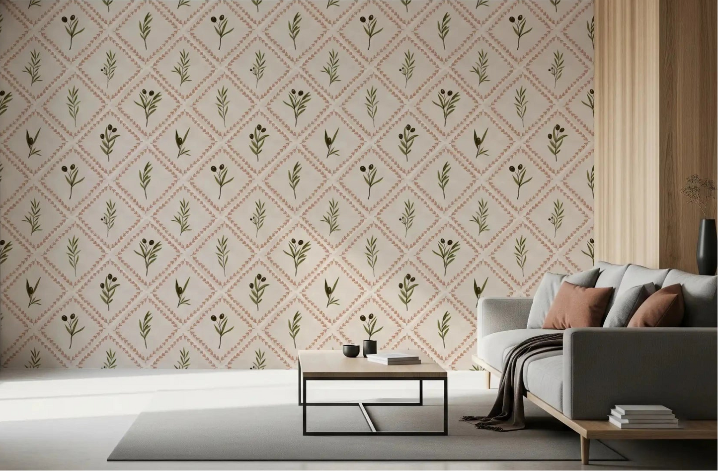 Cozy living rooms feel layered against this olive sprig diamond tile wallpaper.GD9586