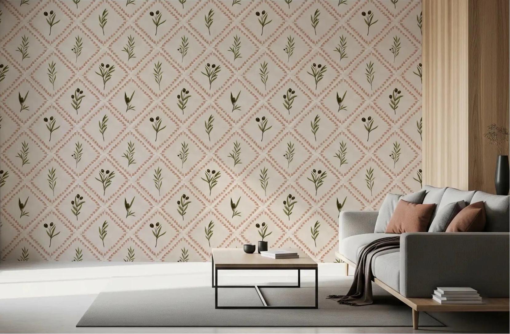 Cozy living rooms feel layered against this olive sprig diamond tile wallpaper.GD9586