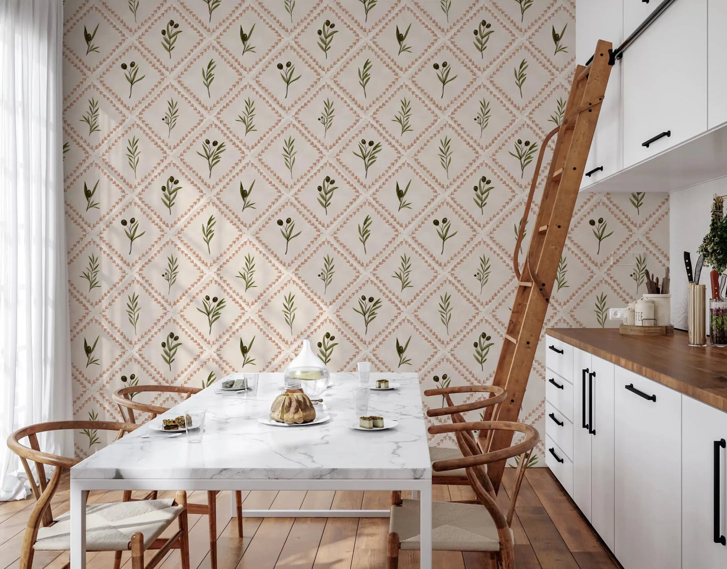 A Kitchen and dining  grounded between olive sprigs of this Tuscan tile wallpaper.GD9586