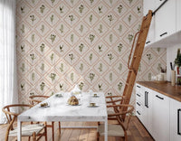 A Kitchen and dining  grounded between olive sprigs of this Tuscan tile wallpaper.GD9586