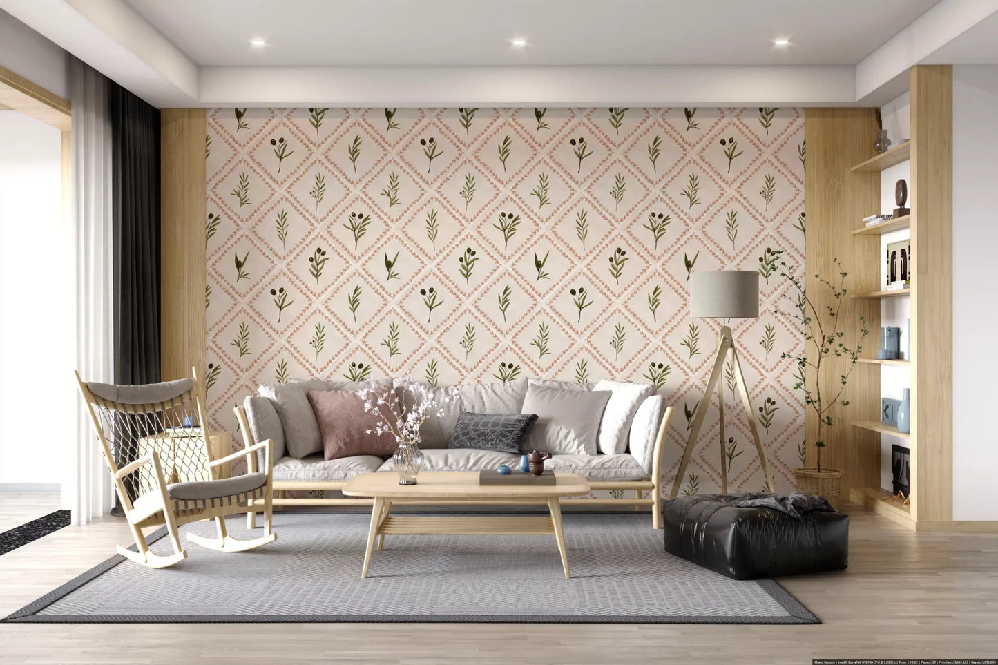 Living room edges feel painterly beside this olive sprig terracotta diamond wallpaper.⁠GD9586