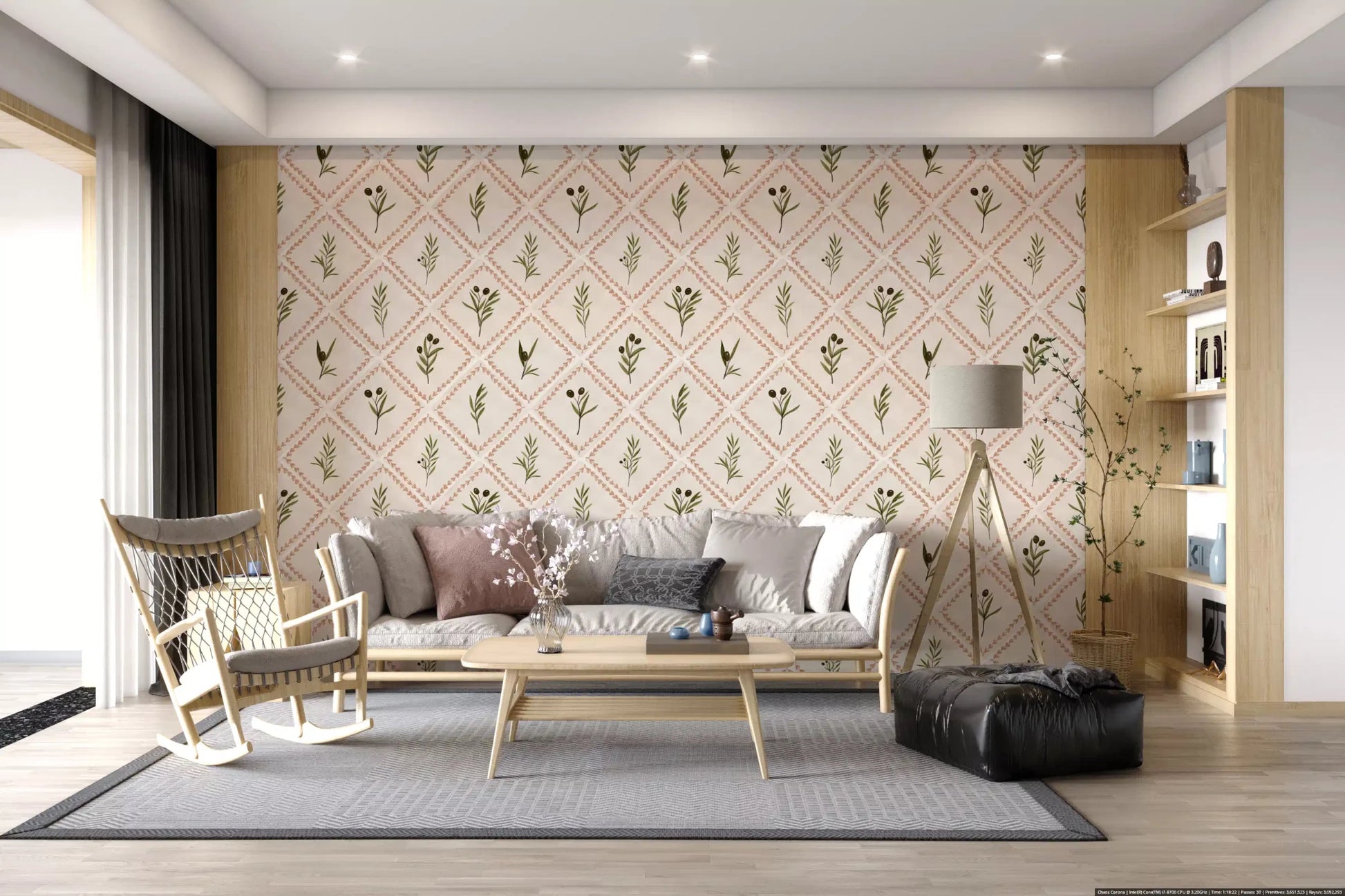 Living room edges feel painterly beside this olive sprig terracotta diamond wallpaper.⁠GD9586