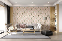 Living room edges feel painterly beside this olive sprig terracotta diamond wallpaper.⁠GD9586
