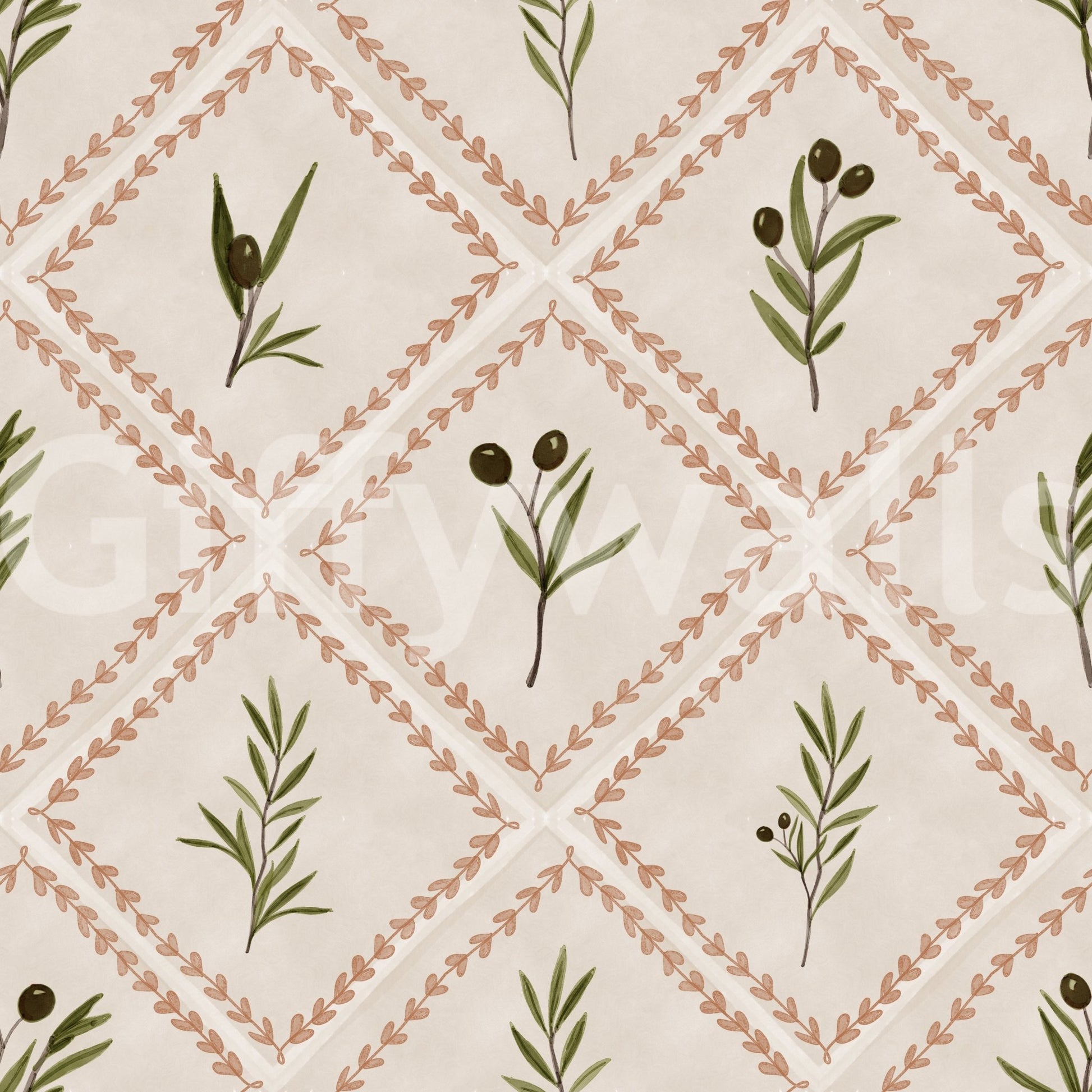 Cream backgrounds keep olive details sharp inside each diamond of this rustic wallpaper.GD9586