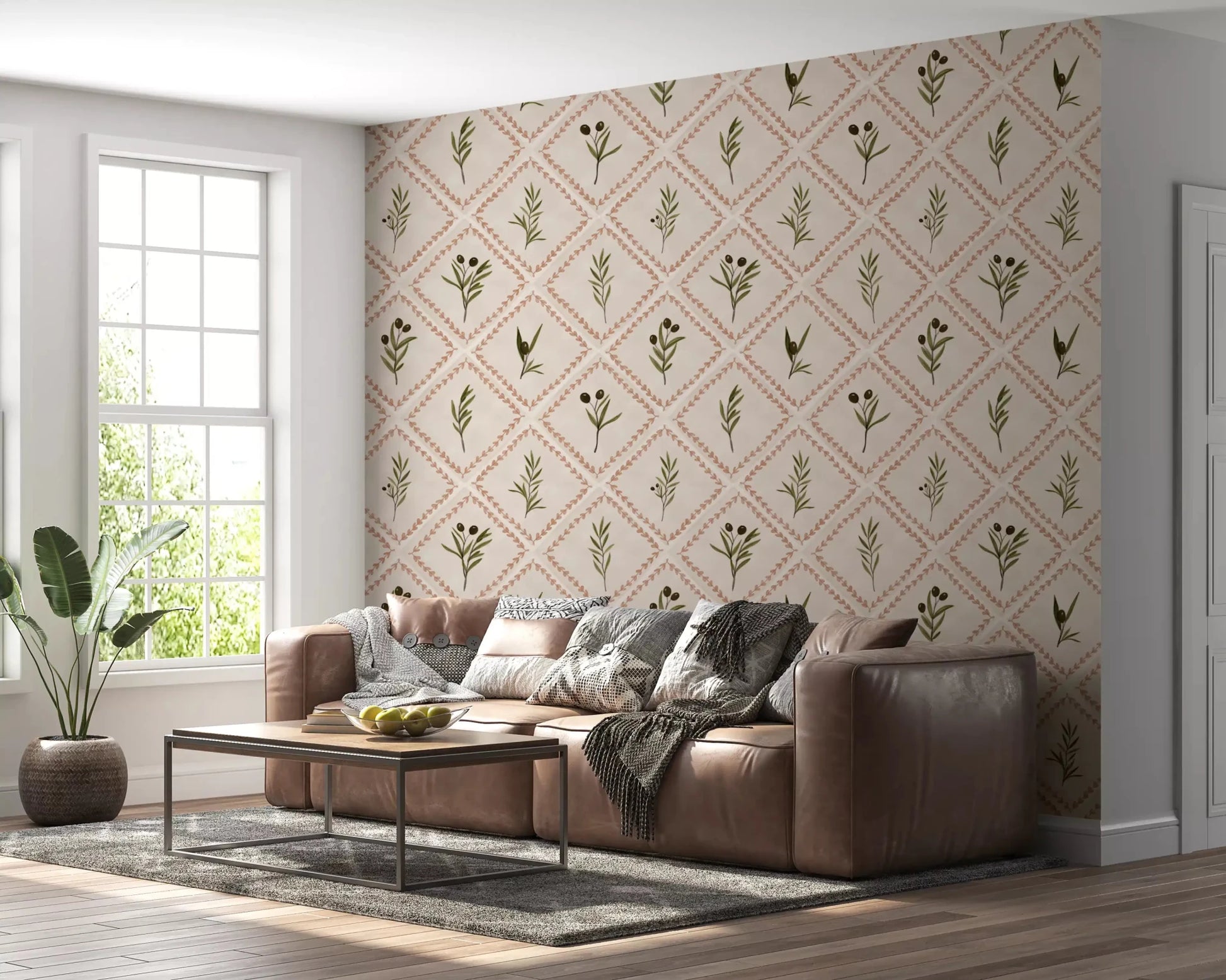 Tiny dark olives appear on each green branch in this Tuscan diamond wallpaper.GD9586