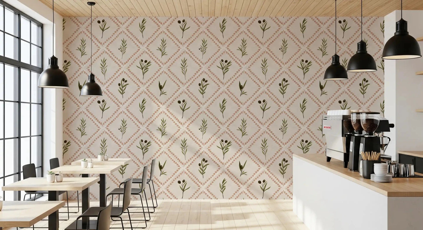 Olive sprigs sit centered in each diamond of this Tuscan tile wallpaper.⁠GD9586