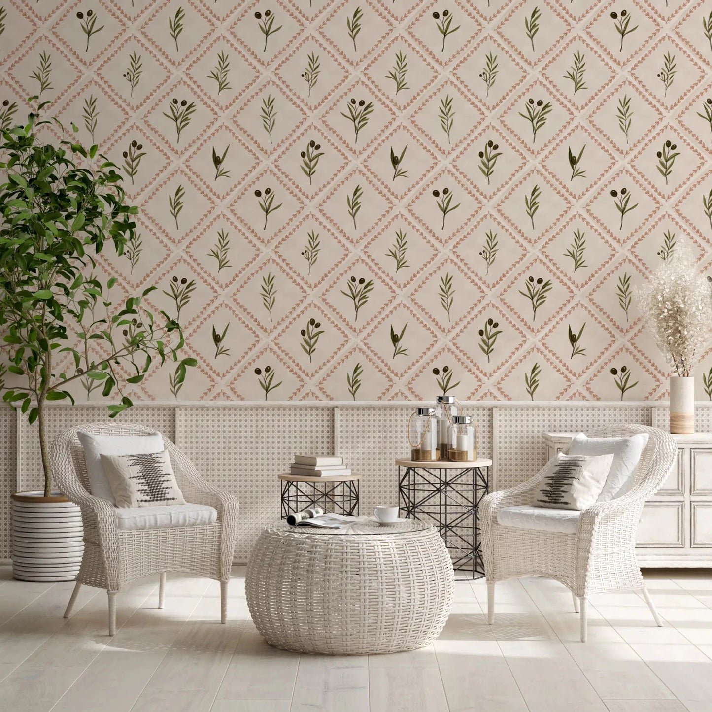 Terracotta leaf borders form the diamond grid of this olive sprig wallpaper.⁠GD9586