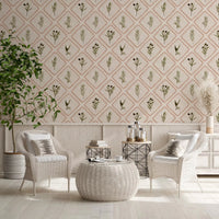 Terracotta leaf borders form the diamond grid of this olive sprig wallpaper.⁠GD9586