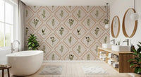 Olive sprigs and diamond borders shape an airy bathroom through this Tuscan wallpaper.GD9586