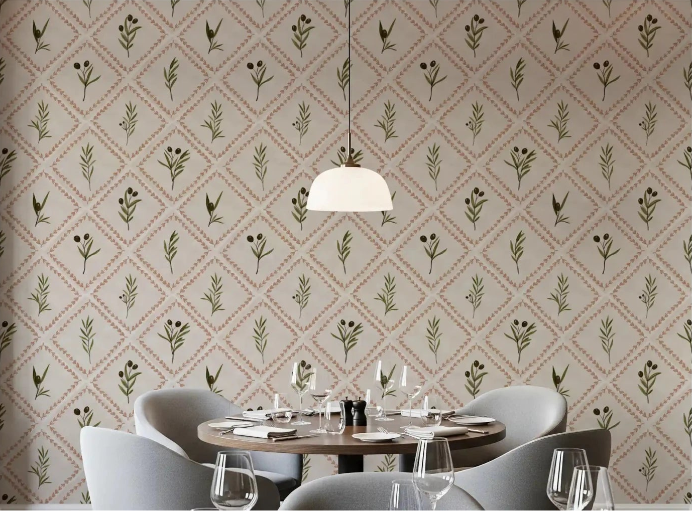 Tuscan olive sprig wallpaper warms a calm dining room with Mediterranean character.GD9586