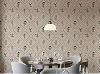 Tuscan olive sprig wallpaper warms a calm dining room with Mediterranean character.GD9586
