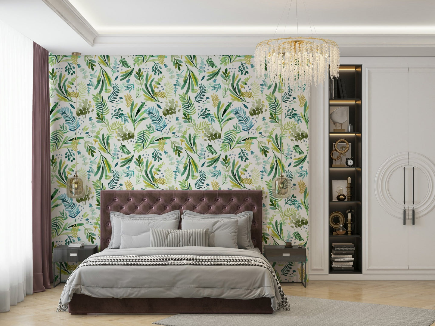 Green botanical wallpaper featuring olive leaves

