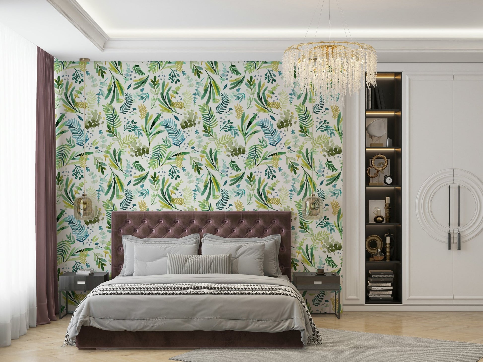 Green botanical wallpaper featuring olive leaves

