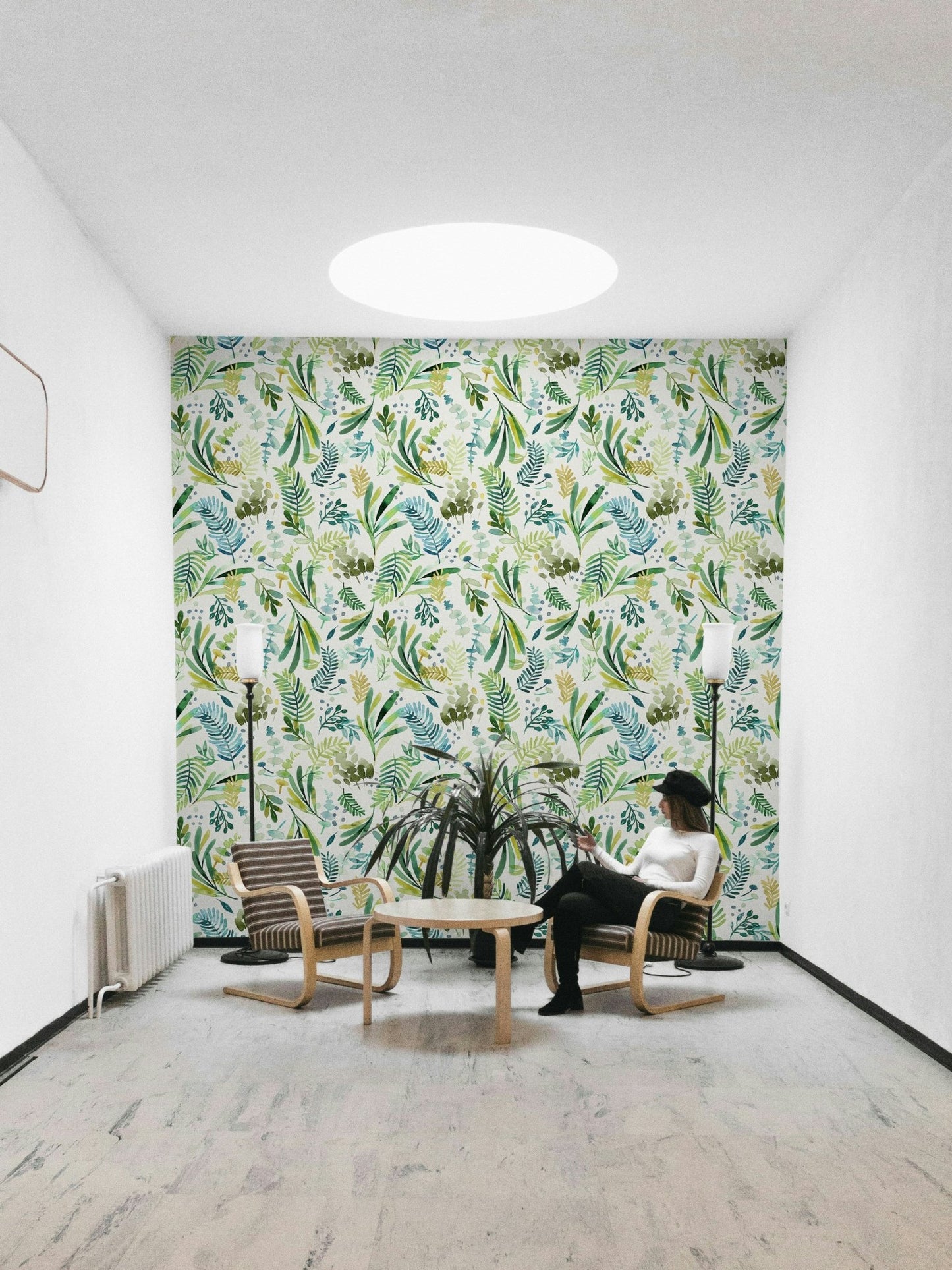 Soft green mural with watercolor olive leaves


