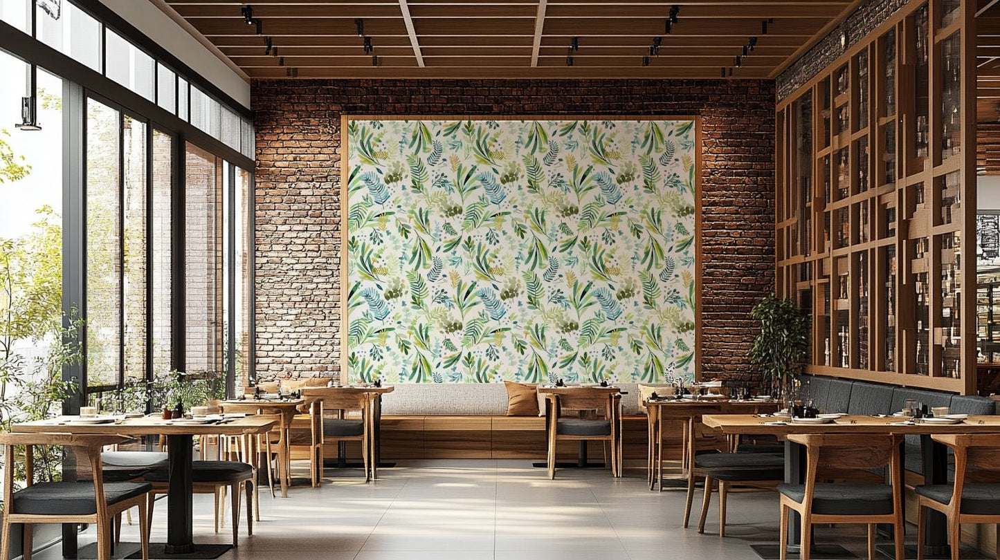 Botanical green wall covering with olive leaves

