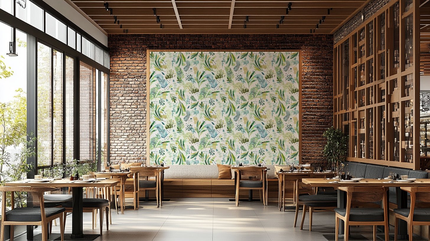 Botanical green wall covering with olive leaves

