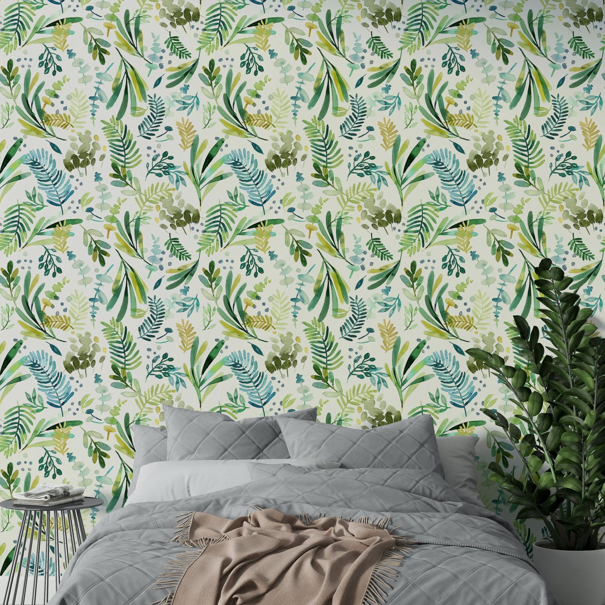 Olive branch pattern mural in natural green hues

