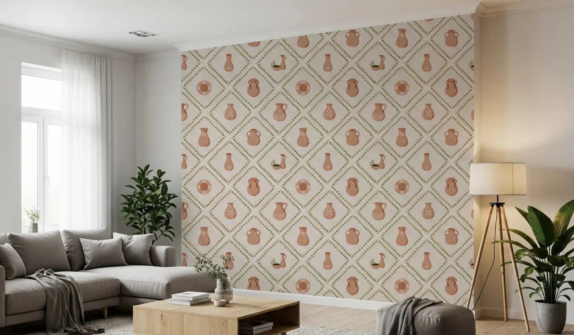 Painterly edges keep the pottery looking authentic across this olive diamond wallpaper..GD9587