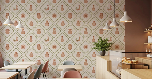 A café dining area takes on Tuscan warmth from this pottery tiles wallpaper.GD9587