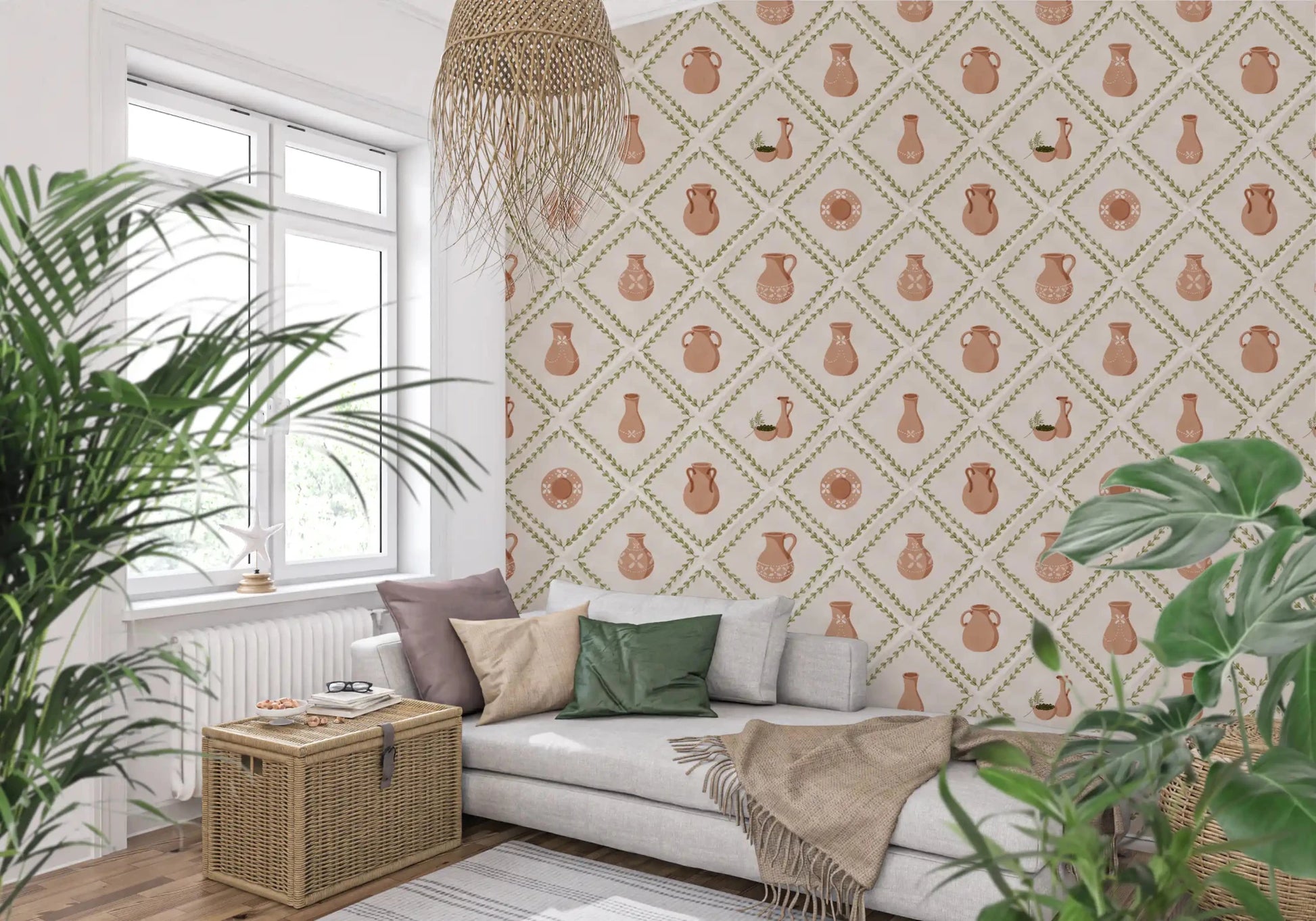 Green olive leaf borders shape every diamond in this rustic pottery wallpaper.GD9587