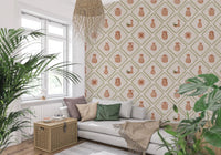 Green olive leaf borders shape every diamond in this rustic pottery wallpaper.GD9587
