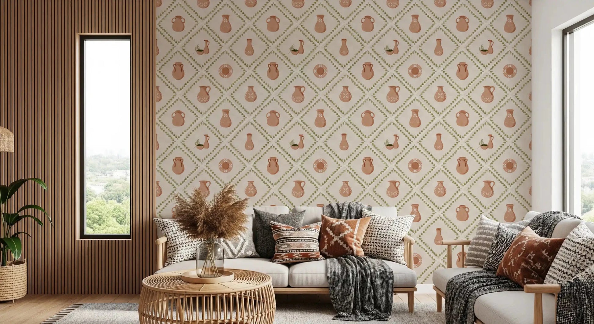 Olive leaf diamonds frame a calm living room behind this Tuscan pottery wallpaper.GD9587
