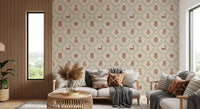 Olive leaf diamonds frame a calm living room behind this Tuscan pottery wallpaper.GD9587