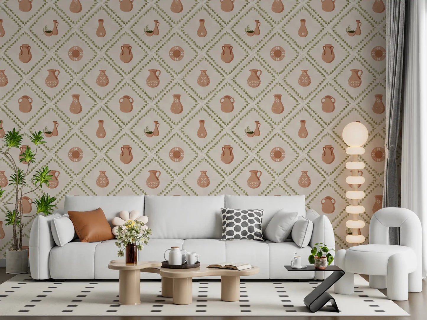 Cozy living rooms feel filled with character beside this olive diamond pottery wallpaper.
GD9587