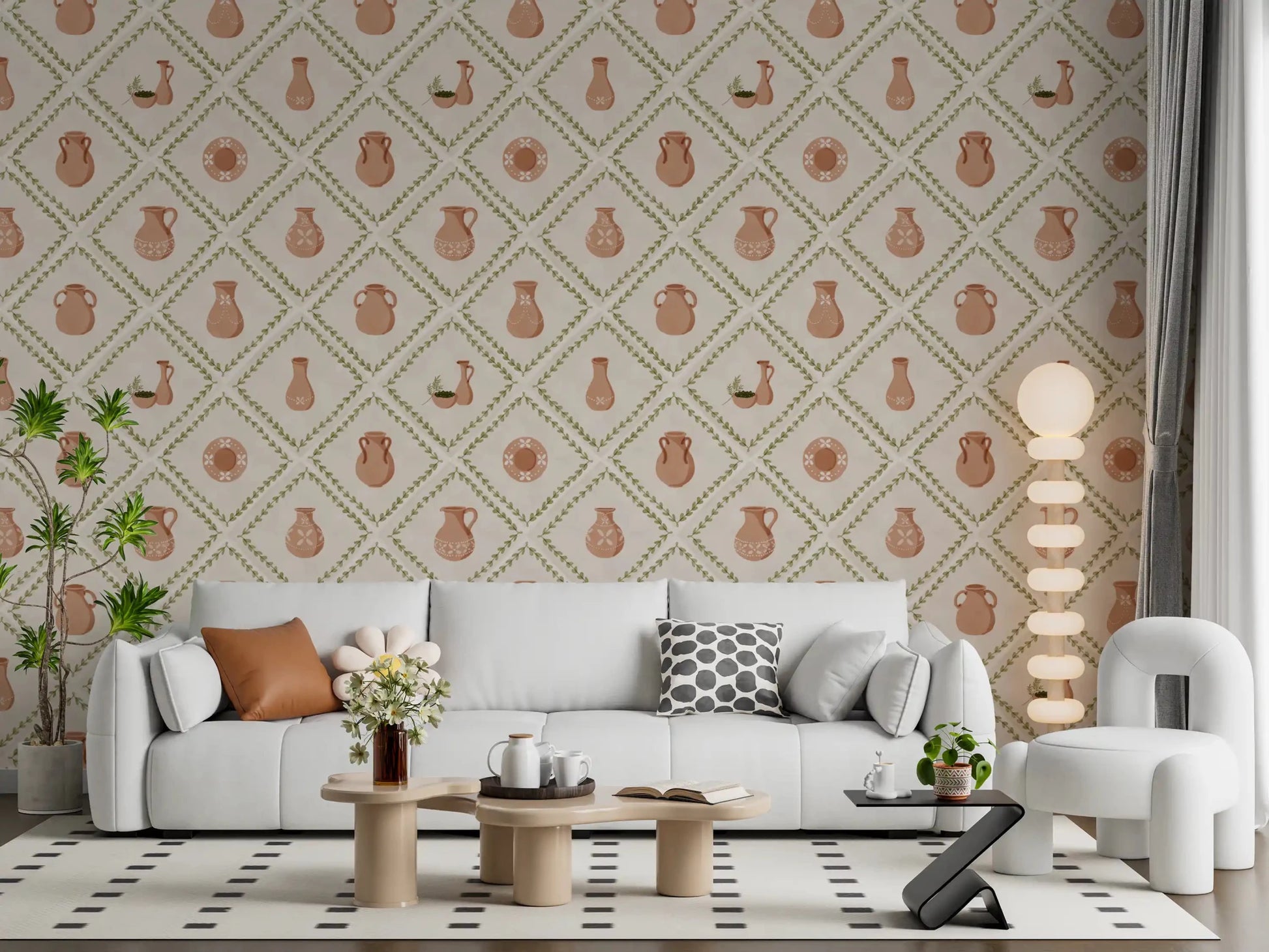 Cozy living rooms feel filled with character beside this olive diamond pottery wallpaper.
GD9587