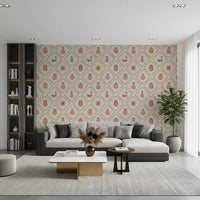Terracotta vases, jugs, and bowls fill the diamonds of this Tuscan pottery wallpaper.GD9587