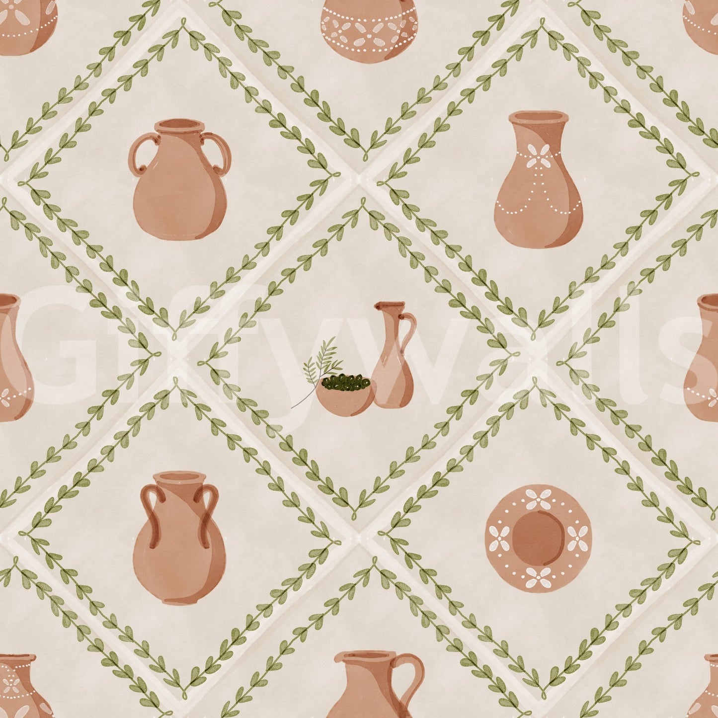 Cream and warm clay tones run throughout this Tuscan pottery tile wallpaper.
⁠GD9587