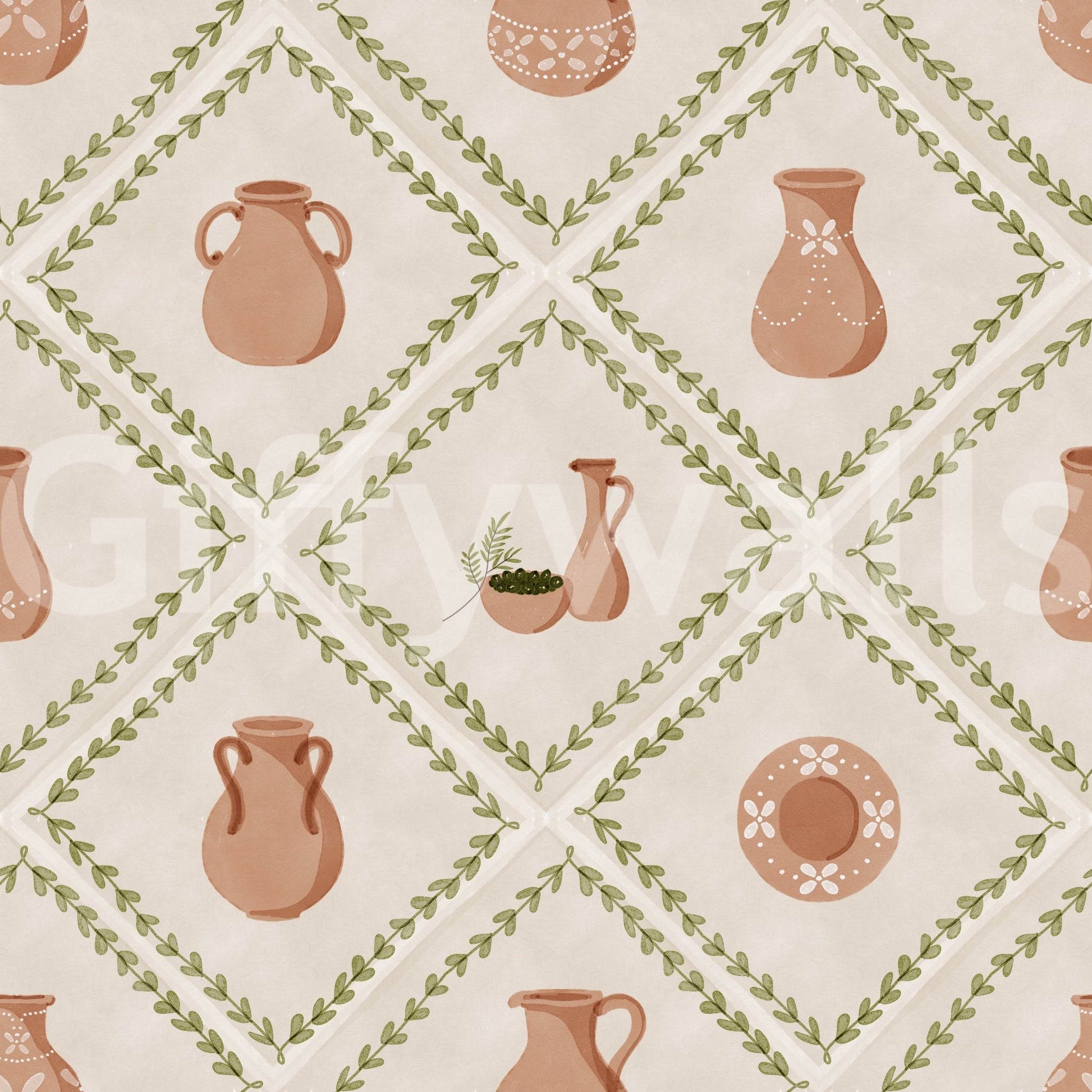 Cream and warm clay tones run throughout this Tuscan pottery tile wallpaper.
⁠GD9587
