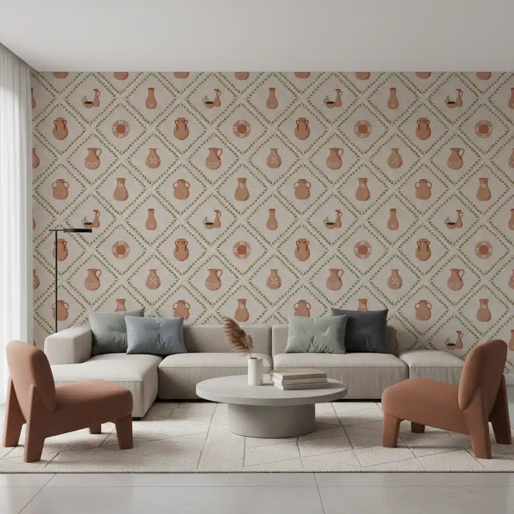 When daylight hits a living room, this olive leaf pottery wallpaper warms the whole space.GD9587